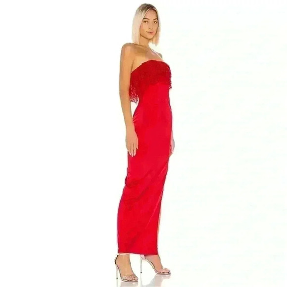Lovers + Friends Sylvia Red Maxi Whimsigoth Lace Ruffle Satin Slit Dress Size S - Picture 2 of 16